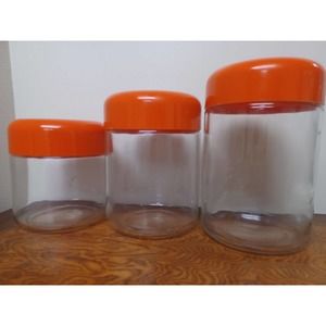 Heller Designs Jar Canister Set Orange Red Lid 1980s Set 3 Glass Kitchen